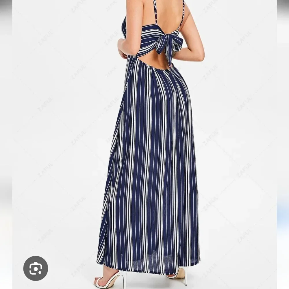 Zaful Navy and White Striped Maxi Dress. Nautical. Festival. Beachy.